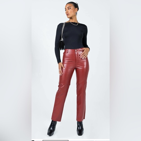 Princess Polly Macey Pants Burgundy Size 12 Faux Leather Vegan Straight Leg - Picture 1 of 14